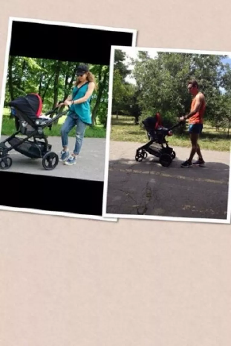 Carmen Bruma si Mircea Badea, la o prima plimbare cu copilul in parc