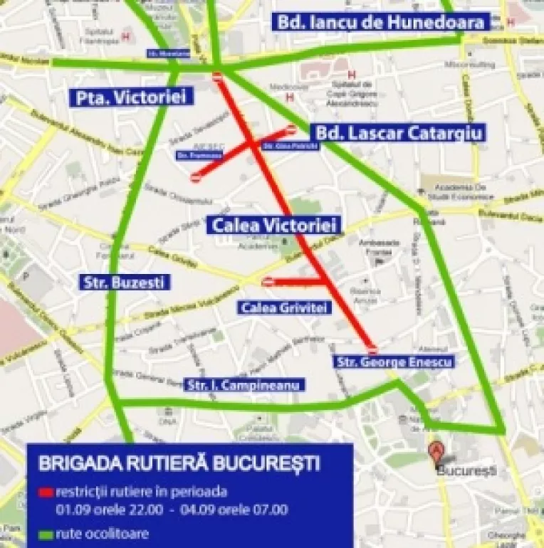 Restrictionarea traficului rutier pe Calea Victoriei, intre Piata Victoriei si Str. George Enescu, in perioada 1 septembrie 2017 orele 22:00 - 4 septembrie 2017 orele 07:00