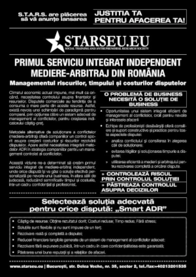 S.T.A.R.S., primul serviciu integrat independent de mediere-arbitraj din Romania, se lanseaza vineri, 22 noiembrie